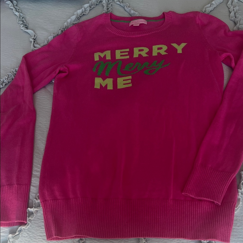 Lilly Pulitzer Pink Crewneck Sweater with Lime Green 'Merry Merry Me' Graphic